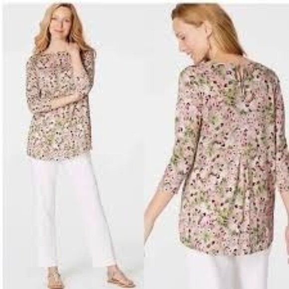 J Jill Love Linen Womens S 100% Linen Drop Waist Keyhole Tunic Top Bloomcore - Picture 1 of 16